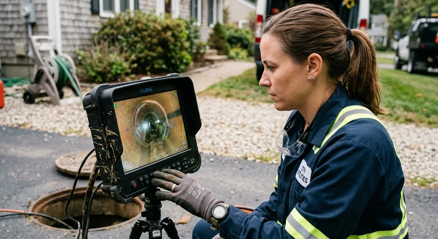 Technician reviewing sewer camera inspection footage in Thomaston